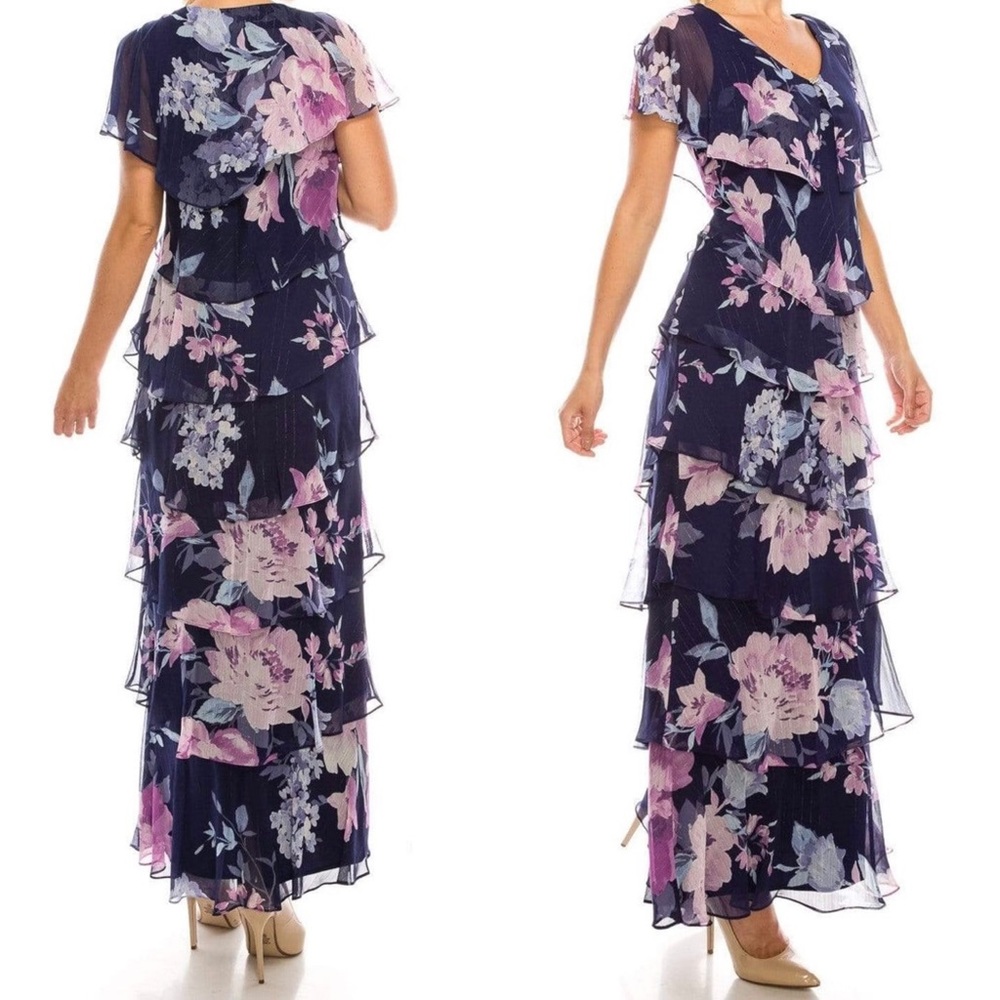Ignite Evenings Navy/Pink Floral Print Tiered‎ Sheath Long V-Neck Dress 
Size 6